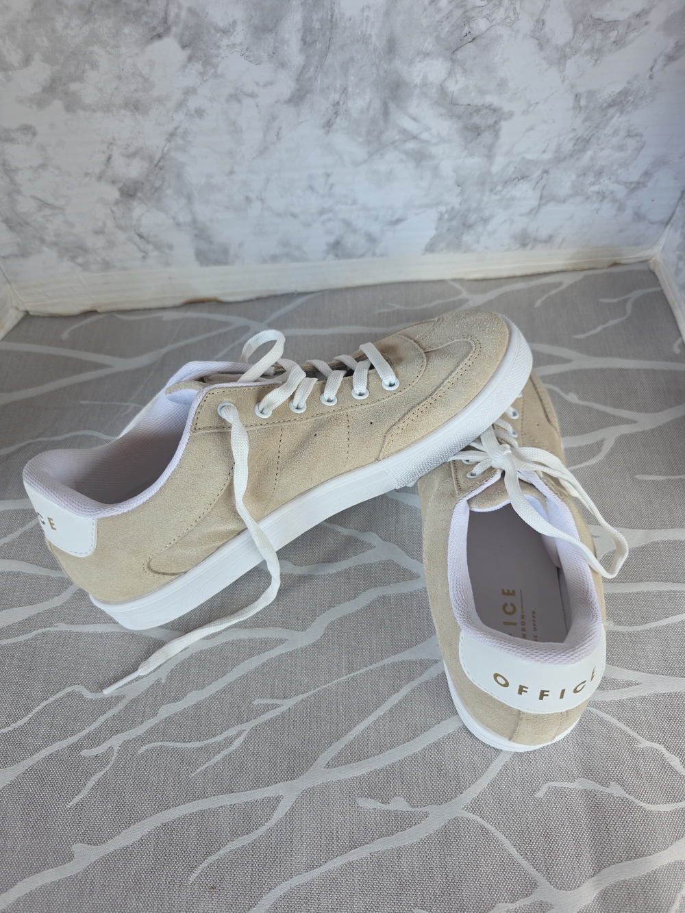 Neutral Beige Suede Low-Top Sneakers with White Accents